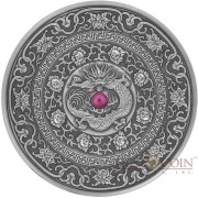 Fiji CHINESE DRAGON series MANDALA ART Silver coin $10 Antique finish 2017 Ultra High Relief Ruby stone inlay 3 oz