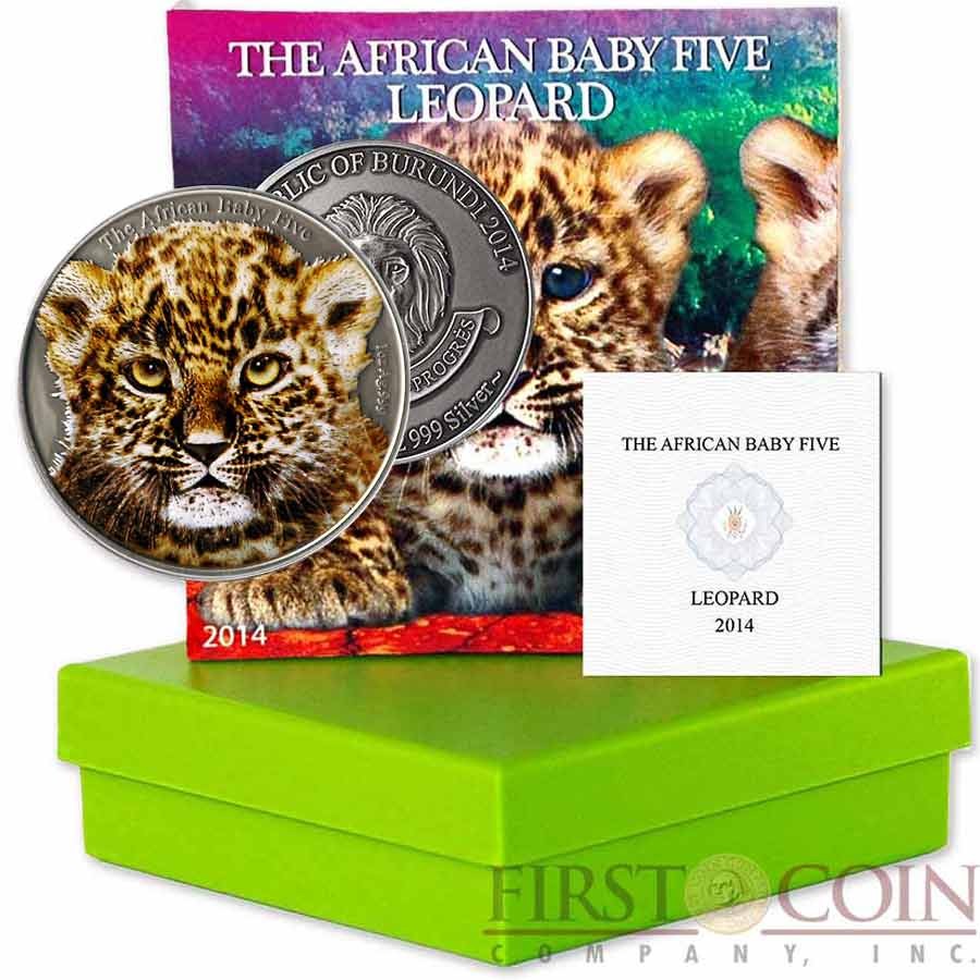 Burundi Baby Leopard "African Baby Big Five" series Colored High Relief Silver coin 5,000 Francs 1 oz Antique Finish 2014