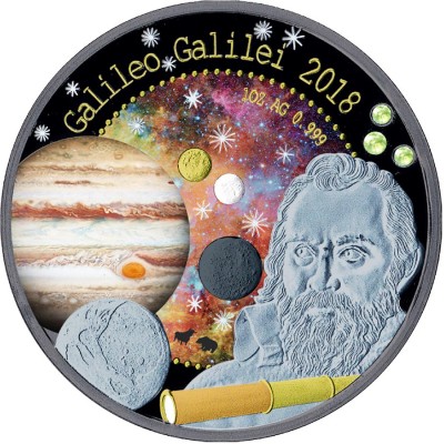 Republic of Ghana GALILEO GALILEI series TREASURES OF THE UNIVERSE 5 GH₵ Cedis 2018 Silver Coin 3 Pallamants inlay 7 Metal plated 1 oz