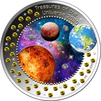 Republic of Ghana MARS series TREASURES OF THE UNIVERSE 5 GH₵ Cedis 2020 Silver Coin 33 Pallamants inlay Gold plated 1 oz