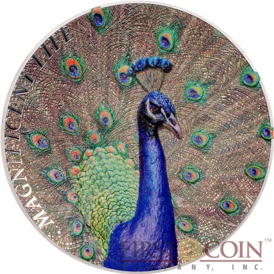 Cook Islands PEACOCK Series MAGNIFICENT LIFE Silver Coin $5 Concave shape Brilliant life-like colours 2015 Sensational High-Relief Proof Smartminting 1 oz
