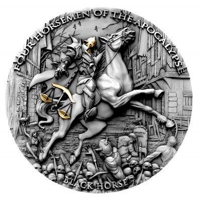 Niue Island BLACK HORSE series FOUR HORSEMEN OF THE APOCALYPSE $5 Silver Coin 2020 Antique finish Ultra High Relief Gold plated 2 oz