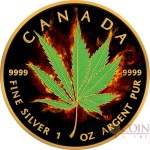 Canada HYBRID INDICA SATIVA Series BURNING MARIJUANA $5 Silver Coin CANADIAN MAPLE LEAF 2017 Black Ruthenium & Gold Plated 1 oz