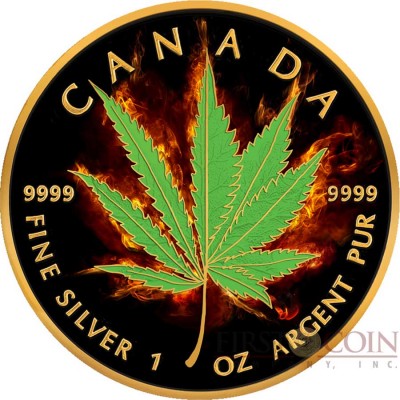 Canada HYBRID INDICA SATIVA series BURNING MARIJUANA $5 Silver Coin CANADIAN MAPLE LEAF 2017 Black Ruthenium & Gold Plated 1 oz