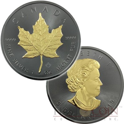 Canada CANADIAN MAPLE LEAF series BLACKOUT COLLECTION $5 Silver coin 2017 Black Ruthenium & Gold Plated on two sides 1oz