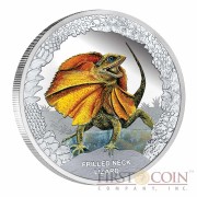 Tuvalu Frilled Neck Lizard "Remarkable Reptiles" series Silver coin $1 Colored 2013 Proof 1 oz 