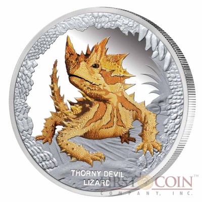 Tuvalu Thorny Devil Lizard "Remarkable Reptiles" series Silver coin $1 Colored 2014 Proof 1 oz 