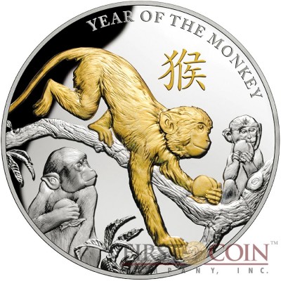 Niue Island YEAR Of The MONKEY 5 oz LUNAR Gold Plated Silver coin Proof 2016