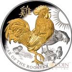 Niue Island YEAR OF THE ROOSTER $8 LUNAR series Gold Plated Silver coin 2017 Proof 5 oz