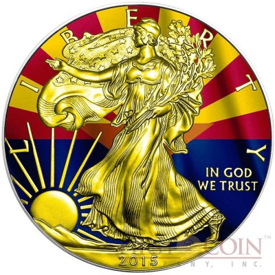 USA ARIZONA series US STATES FLAGS $1 Gold Plated 2015 Silver coin 1 oz