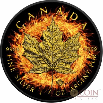 Canada BURNING MAPLE LEAF $5 CANADIAN SILVER MAPLE COIN 1 oz Black Ruthenium & Gold Plated 2016