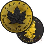 Canada MAPLE SHADOWS series GOLD SHADOWS $5 Canadian Maple Leaf Silver Coin 2016 Black Ruthenium & Yellow Gold Plated 1 oz