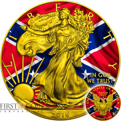 USA CONFEDERATE FLAG American Civil War AMERICAN SILVER EAGLE $1 WALKING LIBERTY 2016 Gold plated Silver coin 1 oz