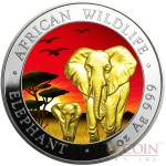 Somalia ELEPHANT SUNSET series AFRICAN WILDLIFE 100 Shillings Silver coin 2015 Gold Plated 1oz