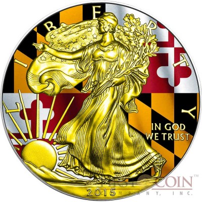 USA MARYLAND series US STATES FLAGS $1 Gold Plated 2015 Silver coin 1oz