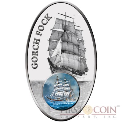 Benin Gorch Fock 1000 Francs Sailing Vessels series Color Glass Inlay Silver coin Oval shape Proof & Antique Finish 2013