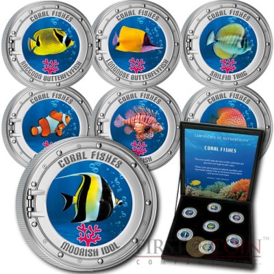 Cook Islands series CORAL FISHES 1st Collection Cu-Ni with Handcrafted Cold-enamel-application $0.50 Seven Coin Set 2000