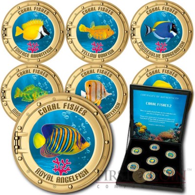 Cook Islands series CORAL FISHES 2nd Collection Cu-Ni with Handcrafted Cold-enamel-application $0.50 Seven Coin Set 2000