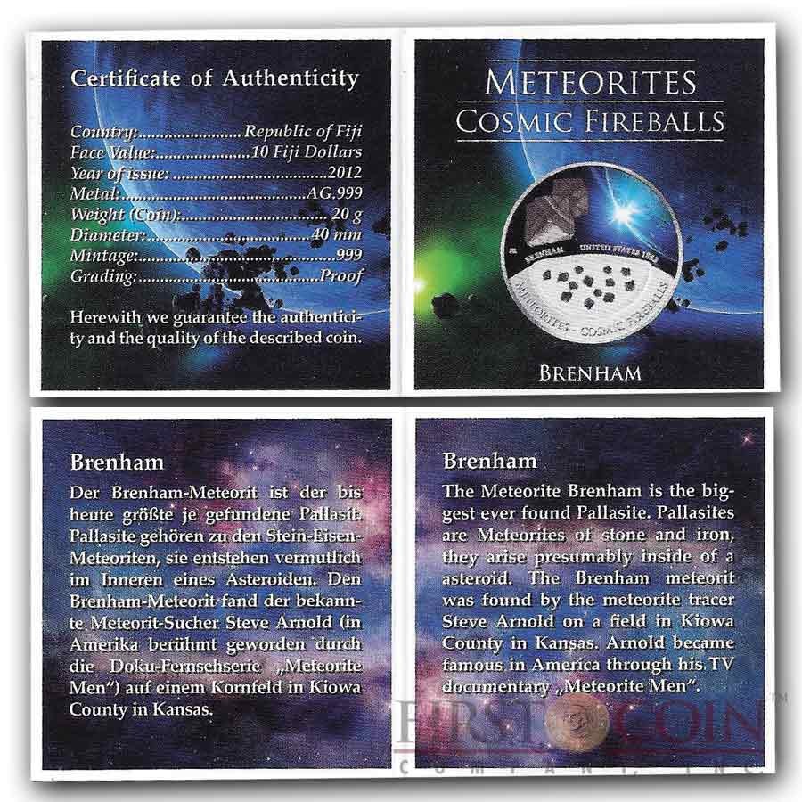 Fiji Meteorite Brenham 1882 in USA Meteorites Cosmic Fireballs $10 Silver Coin Meteorite Pieces Insert Colored Proof 2012