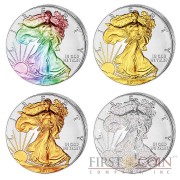 USA American Eagle Four Seasons 4 Four Coin Set $4 Silver 2014 Yellow & Red Gilded, Diamond, Hologram 4 oz