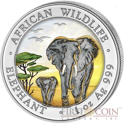 Somalia Elephant Day 100 Shillings series African Wildlife Silver 1 oz Colored Coin 2015