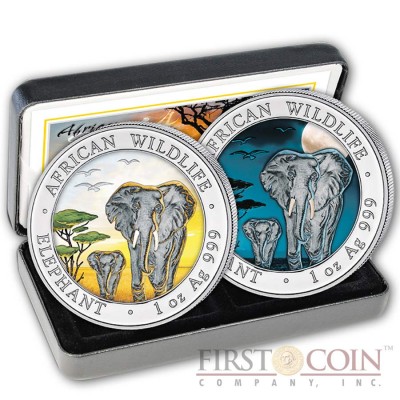 Somalia Elephant Day and Night 200 Shillings series African Wildlife Silver Colored Two coin set 2 oz 2015