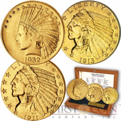 USA INDIAN HEAD-INDIAN CHIEF $2.5, $5, $10 Three Gold Coin Set 1907-1933