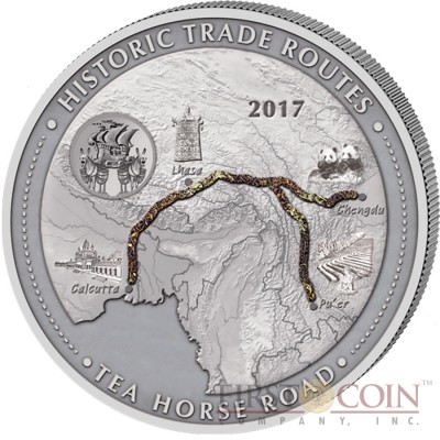 Cameroon TEA ROAD series HISTORIC TRADE ROUTES Giant Silver Coin 5000 Francs Antique finish 2017 Real Tea inlay 5 oz