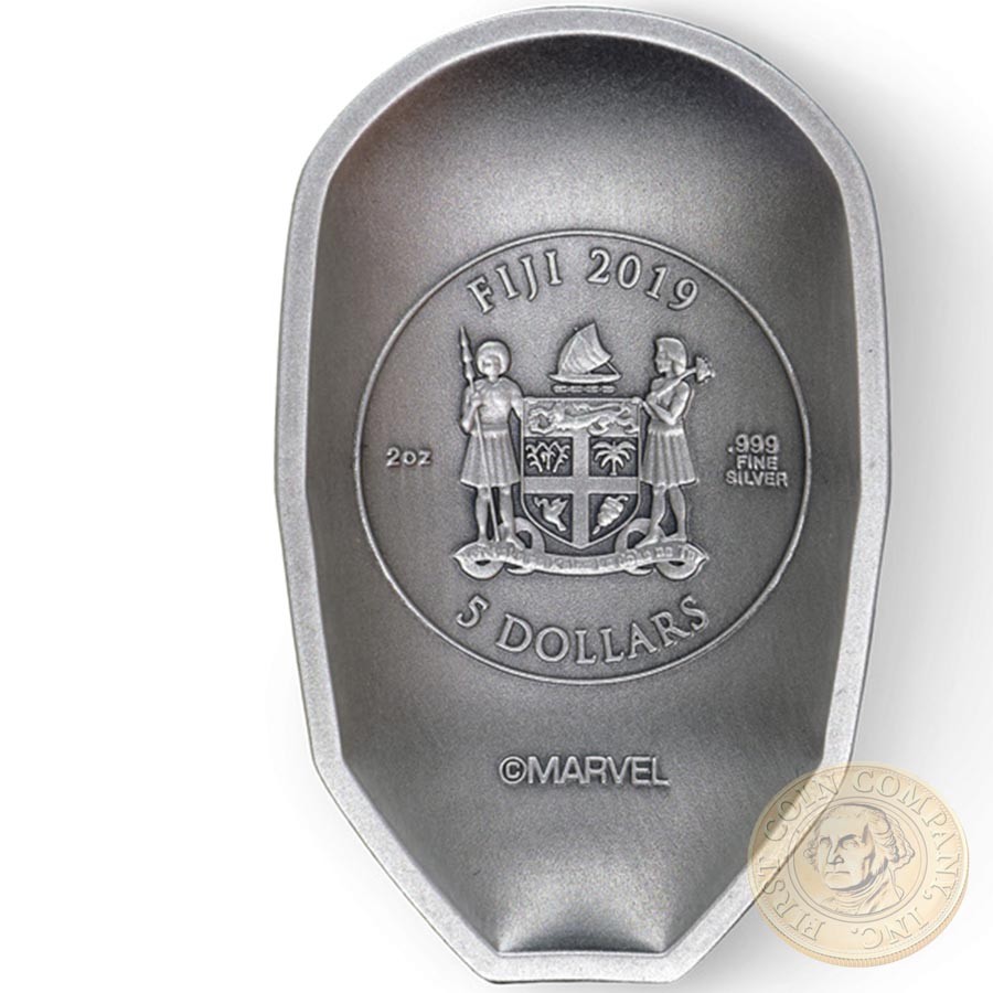 Fiji IRON-MAN 3D MASK MARVEL COMICS series SUPERHEROES MASKS Silver coin $5 Antique finish 2019 Concave shaped 2 oz
