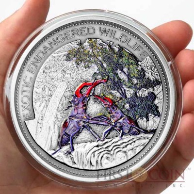 Fiji Stag beetle $10 Insect of the Year Exotic Endangered Wildlife Colored Silver coin Ultra High Relief 2014 Antique finish 2 oz