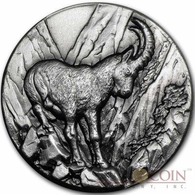 Niue Island Alpine Ibex Capricorn Goat $2 Swiss Wildlife Series Silver Coin 2014 Ultra High Relief Antique Finish 1 oz