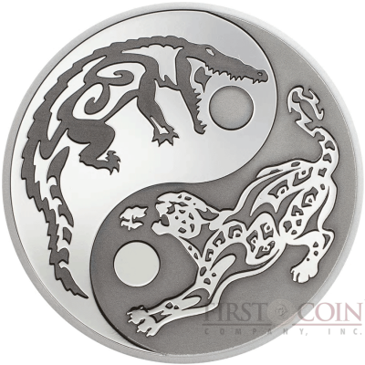 Cook Islands CROCODILE vs JAGUAR series PREDATOR PREY $5 Silver Coin Black palladium plated 2017 Proof 1 oz