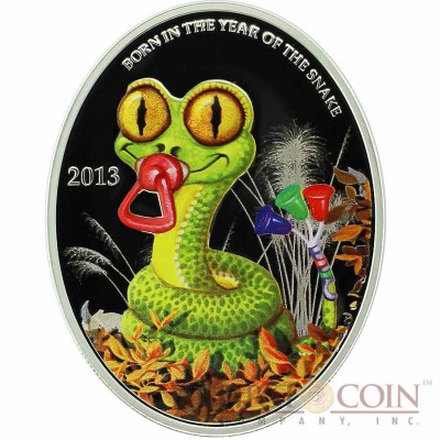 Niue Island BABY SNAKE $1 Lunar Calendar series Oval Colored Silver Coin 2013 Proof