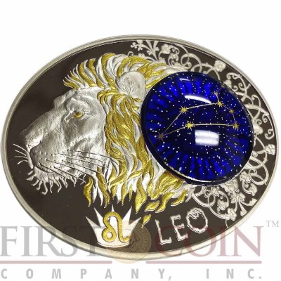 Macedonia LEO 10 Denars Macedonian Zodiac Signs series Dome Cobalt Glass Insert Oval Gilded Silver Coin 2014 Proof