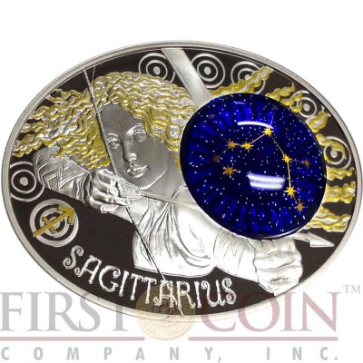 Macedonia SAGITTARIUS 10 Denars Macedonian Zodiac Signs series Dome Cobalt Glass Insert Oval Gilded Silver Coin 2014 Proof