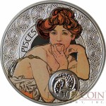 Niue Island PISCES $1 Painter Alphonse Mucha Zodiac series Colored Silver Coin 2010 Proof