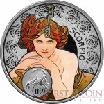 Niue Island SCORPIO $1 Painter Alphonse Mucha Zodiac series Colored Silver Coin 2011 Proof