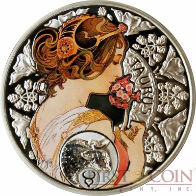 Niue Island TAURUS $1 Painter Alphonse Mucha Zodiac series Colored Silver Coin 2011 Proof