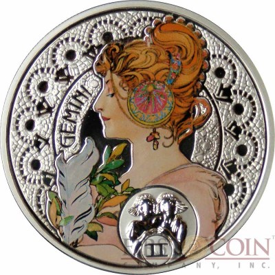 Niue Island GEMINI $1 Painter Alphonse Mucha Zodiac series Colored Silver Coin 2011 Proof