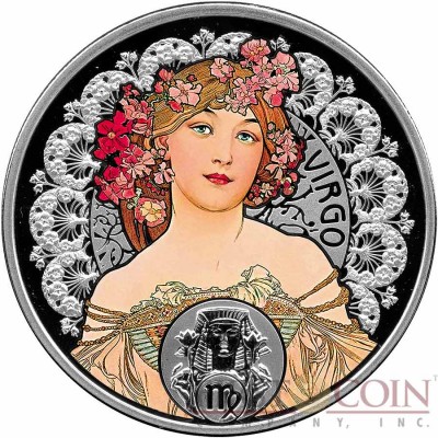 Niue Island VIRGO $1 Painter Alphonse Mucha Zodiac series Colored Silver Coin 2011 Proof