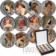 Niue Island Painter Alphonse Mucha Zodiac series $12 Colored Silver Coin 12 coin set 2010, 2011 Proof 11 oz