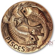 PISCES ZODIAC – MEMENTO MORI Series Skull 2015 Copper coin round High relief Antique finish Rimless 1 oz