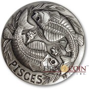 PISCES ZODIAC – MEMENTO MORI Series Skull 2015 Silver coin round High relief Antique finish Rimless 1oz