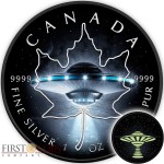 Canada UFO GLOW IN THE DARK CANADIAN MAPLE LEAF $5 Silver Coin 2017 Black Ruthenium plated 1 oz