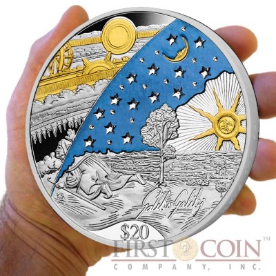 Fiji 450th Anniversary of Galileo Galilei $20 Gilded Metallic-Coloring Silver Coin Swarovski Stars Crystals 2014 Proof 1 Kilo