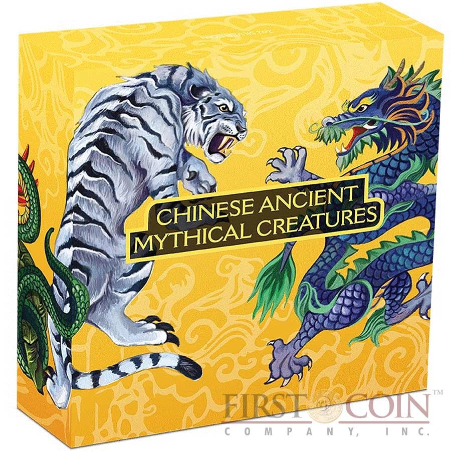 Tuvalu CHINESE ANCIENT MYTHICAL CREATURES DRAGON TIGER PHOENIX TORTOISE $2 Silver Coin 2016 Antique Finish Ultra High Relief 2 oz