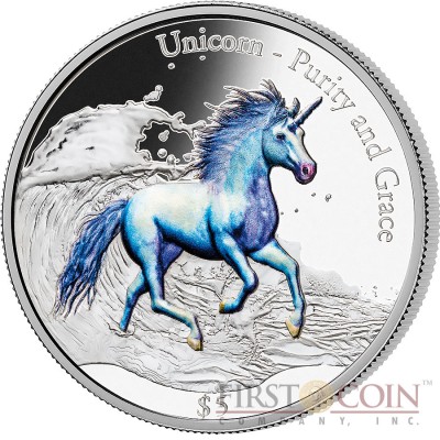 Fiji UNICORN PURITY AND GRACE $5 Silver Coin 2016 Multiple Metallic Color 3D High Relief 3 oz