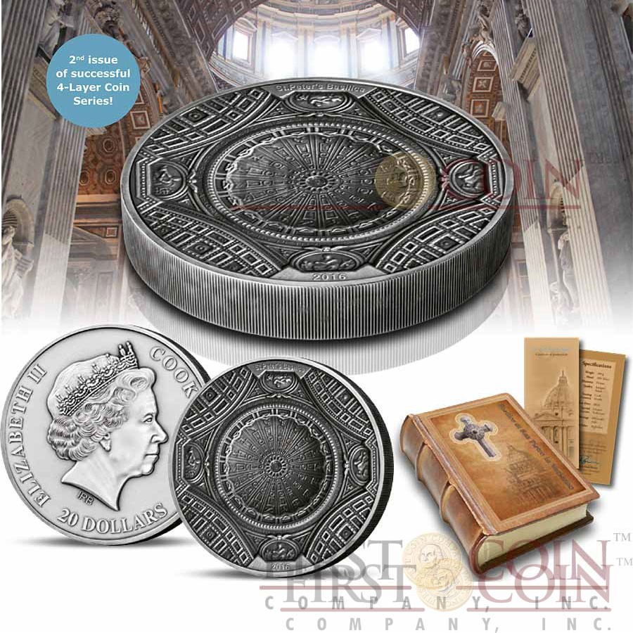 Cook Islands SAINT PETER'S BASILICA IN VATICAN series 4 LAYER MINTING $20 Silver coin 100 g Antique finish 2016 Ultra High Relief Concave shape 3.2 oz