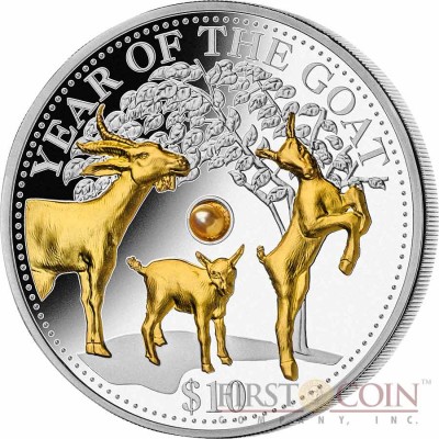 Fiji Year of the Goat $10 Pearl Lunar Chinese Calendar series 2015 Gilded Silver Coin 1 oz