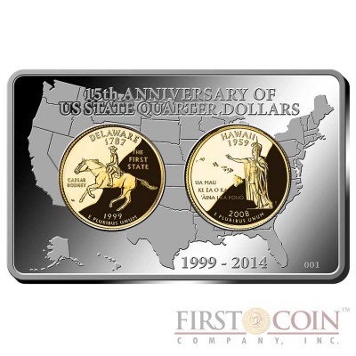 USA 15th Anniversary of US State Quarters Dollars Premium 3 coin Set Gilded Silver Bar 2 oz 2 Gilded Quarters 2014 